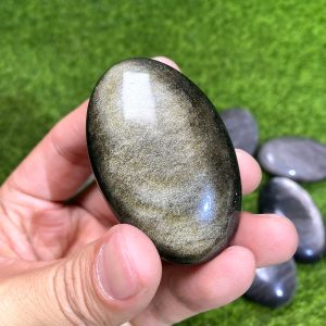 1PC Silver Golden Obsidian Palm Stone – Natural Oval Crystal for Feng Shui, Healing & Meditation
