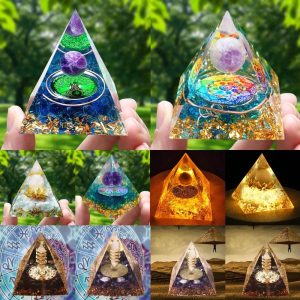 Crystal Stone Orgone Pyramid – Energy Generator with Natural Amethyst & Peridot for Reiki, Chakra & Room Decor